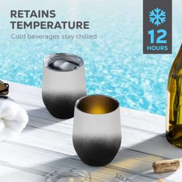FineDine Triple Insulated Wine Tumbler With Lid (4 Pack) 12oz Stainless Steel Set- Tumblers Keep Drinks Hot & Cold for Outdoors, Beach, Picnics- Unbreakable Glasses With BPA Free Lids (White/Black)