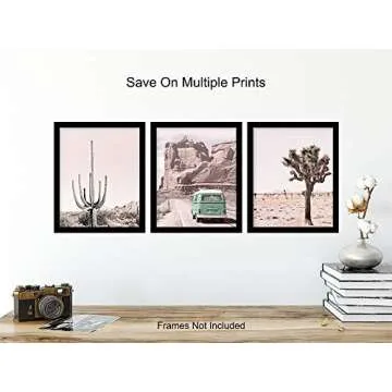 Desert Cactus Travel Photo Set - 8x10 Volkswagen Van Picture Posters - Gift for American West Photography Fans - Unframed Wall Art Prints