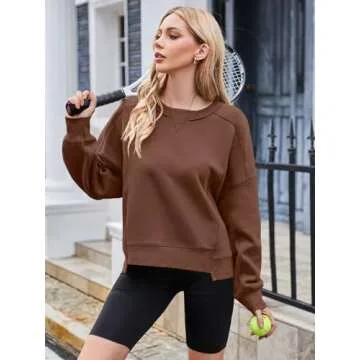 MEROKEETY Women's Oversized Cropped Sweatshirt - Fleece Workout Pullover for Fall Fashion, Darkbrown...