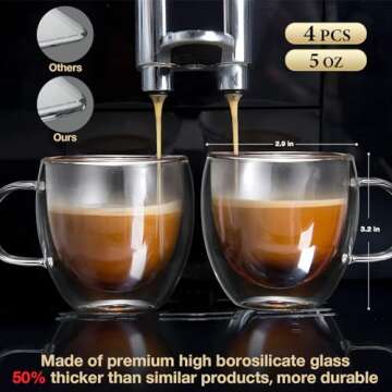 Mfacoy Double Wall Insulated Glasses Espresso Cups Set of 4 (50% Thicker), 5 oz Clear Coffee Cups wi...