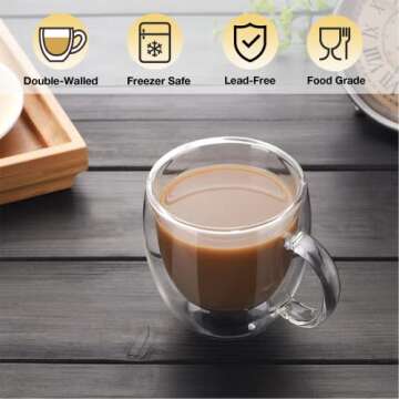 Mfacoy Double Wall Insulated Glasses Espresso Cups Set of 4 (50% Thicker), 5 oz Clear Coffee Cups with Handle, Espresso Shot Glasses, Suit for Espresso Machine, Latte, Cappuccino, Glass Coffee Mugs