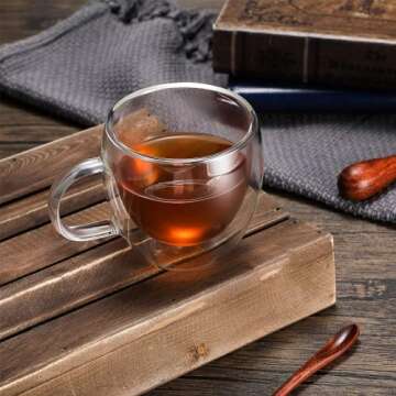 Mfacoy Double Wall Insulated Glasses Espresso Cups Set of 4 (50% Thicker), 5 oz Clear Coffee Cups with Handle, Espresso Shot Glasses, Suit for Espresso Machine, Latte, Cappuccino, Glass Coffee Mugs