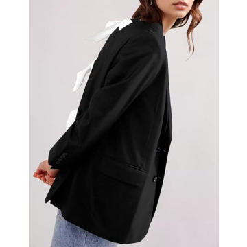 ICOBID Women Casual Oversized Blazers Bow Tie Blazer Suit Lapel Open Front Office Blazer Jacket Button Down Work Cardigan Black