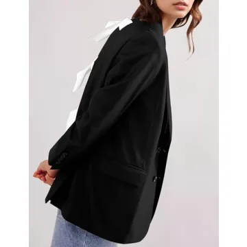 ICOBID Women Casual Oversized Blazers Bow Tie Blazer Suit Lapel Open Front Office Blazer Jacket Button Down Work Cardigan Black