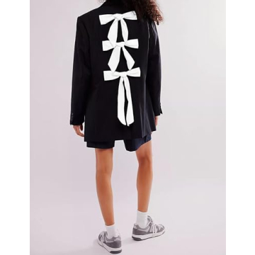 ICOBID Women Casual Oversized Blazers Bow Tie Blazer Suit Lapel Open Front Office Blazer Jacket Button Down Work Cardigan Black