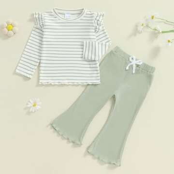 FOCUSNORM Toddler Baby Girl Outfits Ruffle Long Sleeve Striped Trim Tops + Flare Pants Set Toddler 2Pcs Fall Winter Clothes (Striped Green, 18-24 Months)