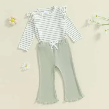 FOCUSNORM Toddler Baby Girl Outfits Ruffle Long Sleeve Striped Trim Tops + Flare Pants Set Toddler 2Pcs Fall Winter Clothes (Striped Green, 18-24 Months)