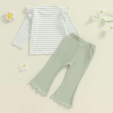 FOCUSNORM Toddler Baby Girl Outfits Ruffle Long Sleeve Striped Trim Tops + Flare Pants Set Toddler 2Pcs Fall Winter Clothes (Striped Green, 18-24 Months)