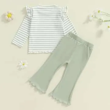 FOCUSNORM Toddler Baby Girl Outfits Ruffle Long Sleeve Striped Trim Tops + Flare Pants Set Toddler 2Pcs Fall Winter Clothes (Striped Green, 18-24 Months)