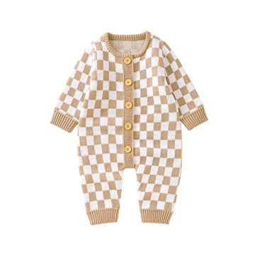 Infant Baby Girl Boy Knitted Sweater Romper Jumpsuit Checkerboard Plaid Print Long Sleeve Button Dow...