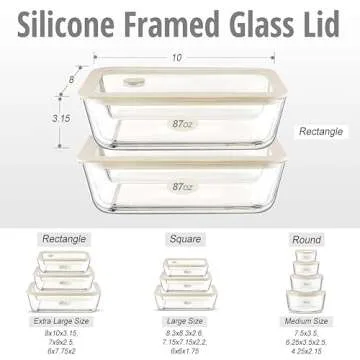 Glass Food Container Set with Glass Lid, Large Glass Meal Prep Container Set, Airtight Glass Food Storage Containers with Air Vent Lid, 2 Pack, Large, 87oz, LeakProof, 100% Plastic Free, White color,