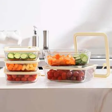 Glass Food Container Set with Glass Lid, Large Glass Meal Prep Container Set, Airtight Glass Food Storage Containers with Air Vent Lid, 2 Pack, Large, 87oz, LeakProof, 100% Plastic Free, White color,