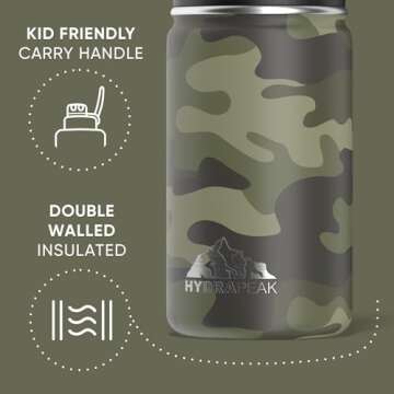 Hydrapeak Mini 14oz Water Bottle with Straw Lid, Stainless Steel Double Wall Insulated Water Bottle | Leak-Proof and Spill-Proof Water Bottle, 24 Hours Cold (Camo)