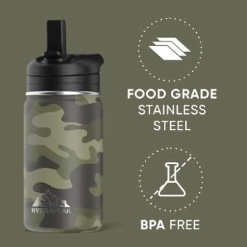 Hydrapeak Mini 14oz Water Bottle with Straw Lid, Stainless Steel Double Wall Insulated Water Bottle | Leak-Proof and Spill-Proof Water Bottle, 24 Hours Cold (Camo)