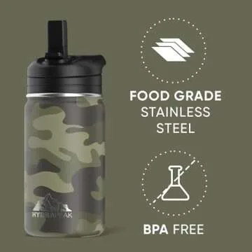 Hydrapeak Mini 14oz Water Bottle with Straw Lid, Stainless Steel Double Wall Insulated Water Bottle | Leak-Proof and Spill-Proof Water Bottle, 24 Hours Cold (Camo)