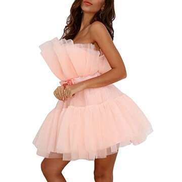 Womens Tube Tops Cocktail Party Dress Ruffle Tulle Skirts Off Shoulder Mesh Lace Layered Ruffles Prom Mini Dress (Pink, Small)