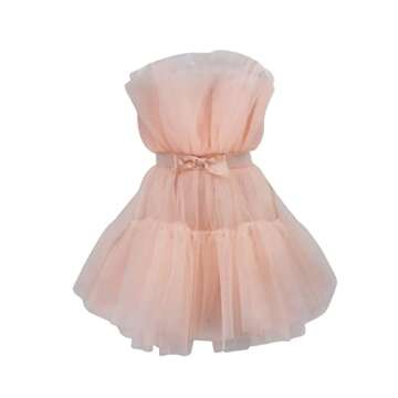 Womens Tube Tops Cocktail Party Dress Ruffle Tulle Skirts Off Shoulder Mesh Lace Layered Ruffles Prom Mini Dress (Pink, Small)