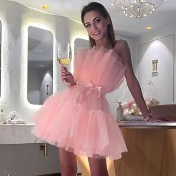 Womens Tube Tops Cocktail Party Dress Ruffle Tulle Skirts Off Shoulder Mesh Lace Layered Ruffles Prom Mini Dress (Pink, Small)