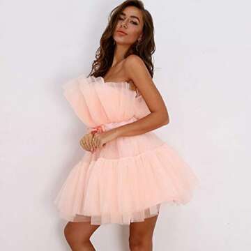 Womens Tube Tops Cocktail Party Dress Ruffle Tulle Skirts Off Shoulder Mesh Lace Layered Ruffles Prom Mini Dress (Pink, Small)