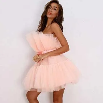 Womens Tube Tops Cocktail Party Dress Ruffle Tulle Skirts Off Shoulder Mesh Lace Layered Ruffles Prom Mini Dress (Pink, Small)