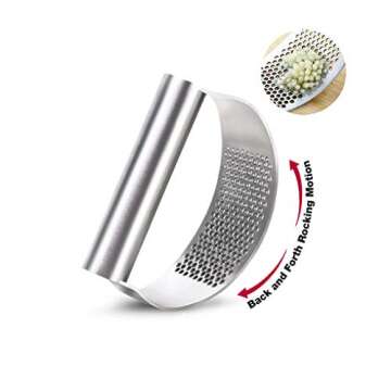 GuDoQi Garlic Press Rocker, Stainless Steel Garlic Crusher, Dishwasher Safe, Ergonomic Handle Garlic Chopper with Silicone Peeler and Cleaning Brush, Rust Proof Garlic Mincer Tool for Kitchen Gadgets