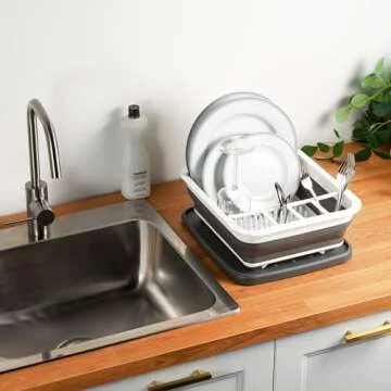 Masirs Pop-Up Collapsible Dish Drying Rack: Convenient Storage, Drains into Sink, Eight Large Plate Capacity, Sectional Cutlery and Utensil Compartment. Compact and Portable Design.