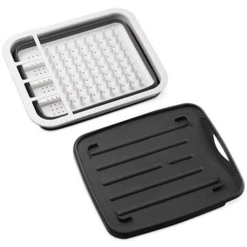 Masirs Pop-Up Collapsible Dish Drying Rack: Convenient Storage, Drains into Sink, Eight Large Plate Capacity, Sectional Cutlery and Utensil Compartment. Compact and Portable Design.