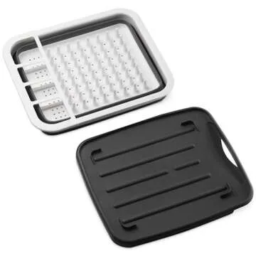 Masirs Pop-Up Collapsible Dish Drying Rack: Convenient Storage, Drains into Sink, Eight Large Plate Capacity, Sectional Cutlery and Utensil Compartment. Compact and Portable Design.