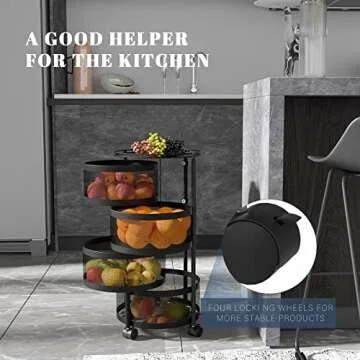 HOYRR Rotating Storage Rack - 4 Tier Kitchen Organizing Basket with Wheels
