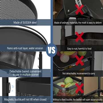 HOYRR Rotating Storage Rack for Kitchen, 4 Tier Fruit and Vegetable Storage for Kitchen Rotating Storage Rack with Wheels,Kitchen Storage Cart Space Saver Potatoes Storage Fruit Basket, Black