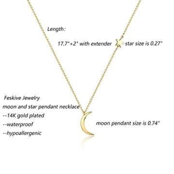 Feskive 14k Gold/Silver Plated Crescent Moon Necklace Tiny Moon and Star Necklace Dainty Sun Leaf Ne...