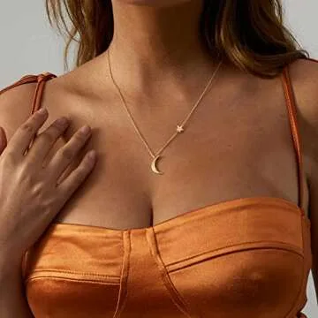 Feskive 14k Gold/Silver Plated Crescent Moon Necklace Tiny Moon and Star Necklace Dainty Sun Leaf Necklace Gold Pendant Necklace for Women Delicate Minimalist Jewelry