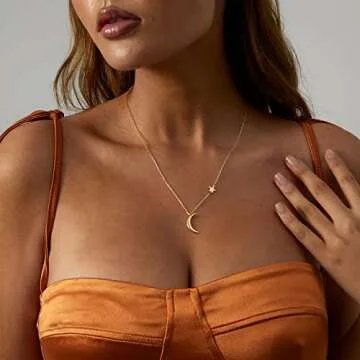 Feskive 14k Gold/Silver Plated Crescent Moon Necklace Tiny Moon and Star Necklace Dainty Sun Leaf Necklace Gold Pendant Necklace for Women Delicate Minimalist Jewelry
