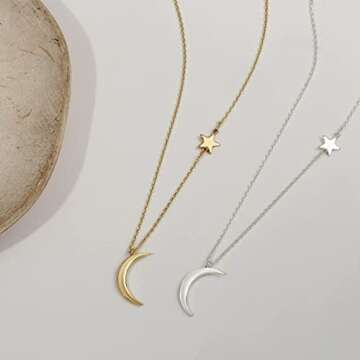 Feskive 14k Gold/Silver Plated Crescent Moon Necklace Tiny Moon and Star Necklace Dainty Sun Leaf Necklace Gold Pendant Necklace for Women Delicate Minimalist Jewelry