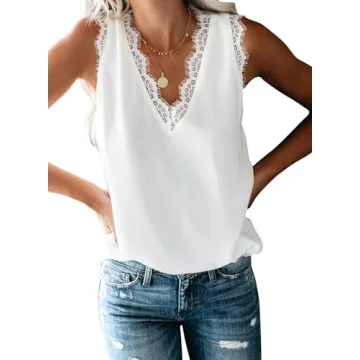 BLENCOT Women Lace Trim White Tank Tops V Neck Fashion Casual Sleeveless Blouse Cami Shirts, X-Large