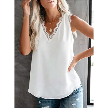 BLENCOT Women Lace Trim Sleeveless V Neck Tank Top for Casual Wear