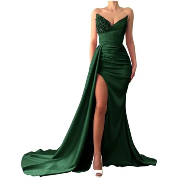 Gorgeous Sexy Mermaid Prom Dresses Sequin Beaded for Women Long Satin Slit with Train Evening Gown i...