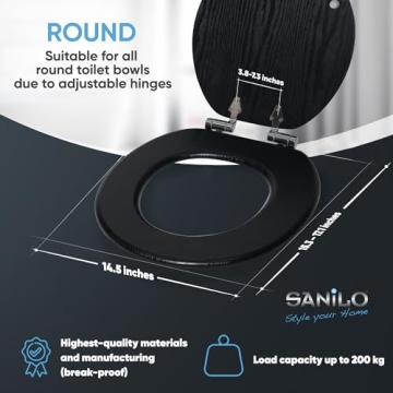 Sanilo Toilet Seat ROUND with Soft Close, Quiet and Slow Close Lid and Seat, Strong Bumpers and Hinges, Black Wood