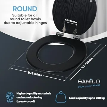 Sanilo Toilet Seat ROUND with Soft Close, Quiet and Slow Close Lid and Seat, Strong Bumpers and Hinges, Black Wood