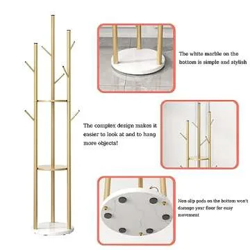 IronJiaZu Gold Coat Racks Freestanding with 3 Storage Shelves, Metal Coat Racks Stand with 9 Hooks and Heavy Marble Base, Entryway Coat Racks Tree Hanger, Purses Racks