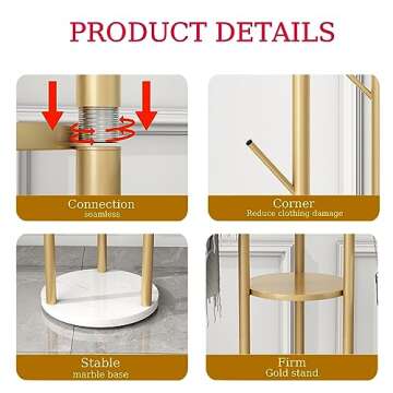 IronJiaZu Gold Coat Racks Freestanding with 3 Storage Shelves, Metal Coat Racks Stand with 9 Hooks and Heavy Marble Base, Entryway Coat Racks Tree Hanger, Purses Racks