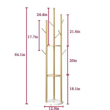 IronJiaZu Gold Coat Racks Freestanding with 3 Storage Shelves, Metal Coat Racks Stand with 9 Hooks and Heavy Marble Base, Entryway Coat Racks Tree Hanger, Purses Racks