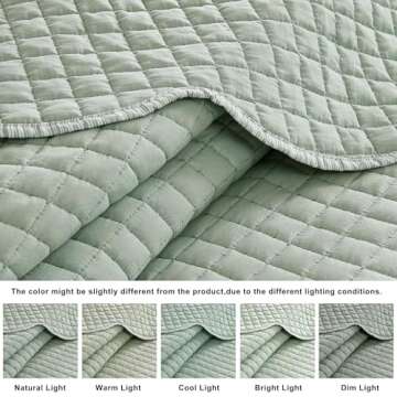 WDCOZY Sage Green King Size Quilt Bedding Set, Seafoam Scalloped Farmhouse Country Rustic Lightweight Soft Coverlet for All Season, Cute Cozy Kantha Pick Stitch Bedspread, 2 Pillow Shams