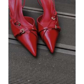 Yishaweiqi Slingback Kitten Heels for Women Buckle Strap Pointed Toe Dress Pumps Shoes Slip On Heeled Sandals Red