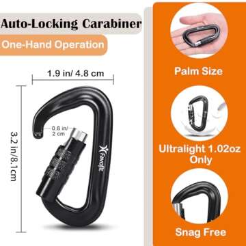Heavy Duty Locking Carabiner Clips - 12KN Clips 3.2'' Small D Ring for Camping Hammock Hiking Dog Le...