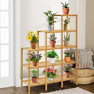 COSTWAY Bamboo Shelf Bathroom, Multifunctional 5-Tier Bamboo Plant Stand, Storage Organizer Rack, Pl...
