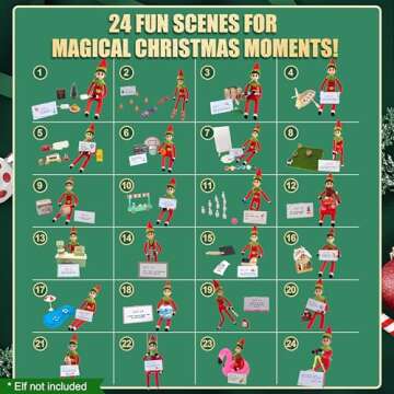YFOMLLS 24-Day Chrismas Elf Kit Christmas Elf Adventure Kit 2024 with 24 Days Christmas Elf Scenes I...