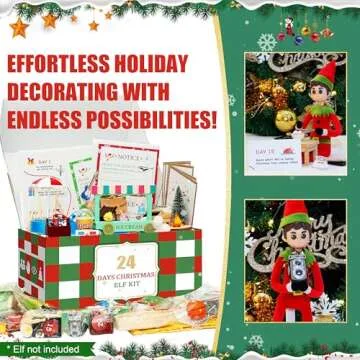 YFOMLLS 24-Day Chrismas Elf Kit Christmas Elf Adventure Kit 2024 with 24 Days Christmas Elf Scenes Idea Kit Using Elf Props & Accessories Elf Box Kit 24 Days of Christmas Elf Helper Kit