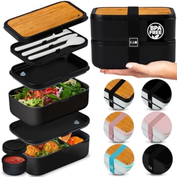 KARRICO Double Premium Bento Box, 67 fl oz BPA-Free - Black Stackable Lunch Box with Leak-Proof Lids...