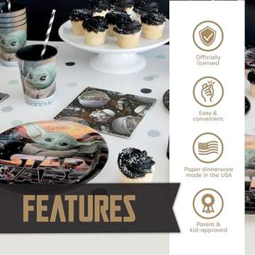 Baby Yoda Birthday Decorations | Mandalorian Party Supplies | Star Wars Birthday Decorations | Baby Yoda Party Supplies | Serves 16 | With Banner, Table Cover, Plates, Cups, Napkins, Button